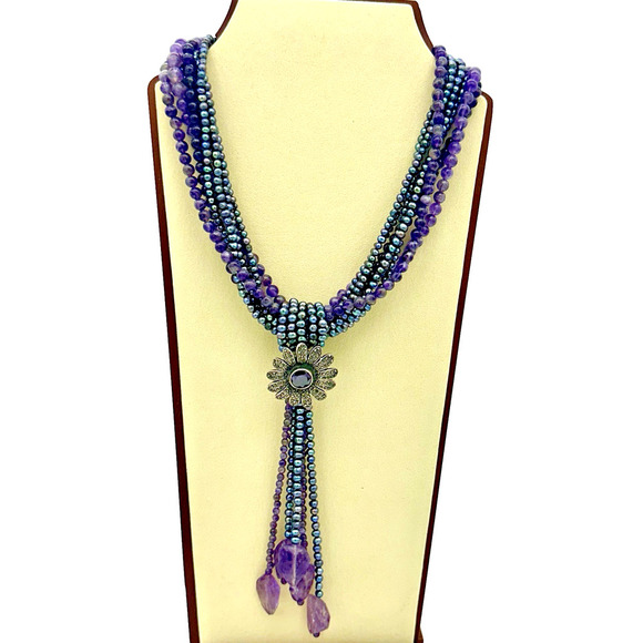 Unbranded Jewelry - VTG Sterling Silver Natural Pearl Amethyst & Marcasite Statement Necklace Chunky